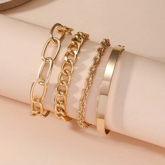Set of 4 Fashion Bracelets Bohemian Style Link Chain Cuff Gold tone Metal Iron - Picture 2 of 5